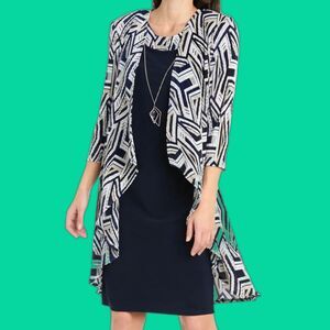 NWT R&M Richards Geo Flow Jacket Dress Size 4P 2 Peice Set Navy 3309P Petite